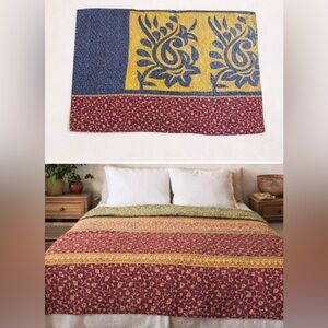 Vintage Kantha Quilt Twin Hand Stitched Sari Patchwork Boho Textile 52” x 80”